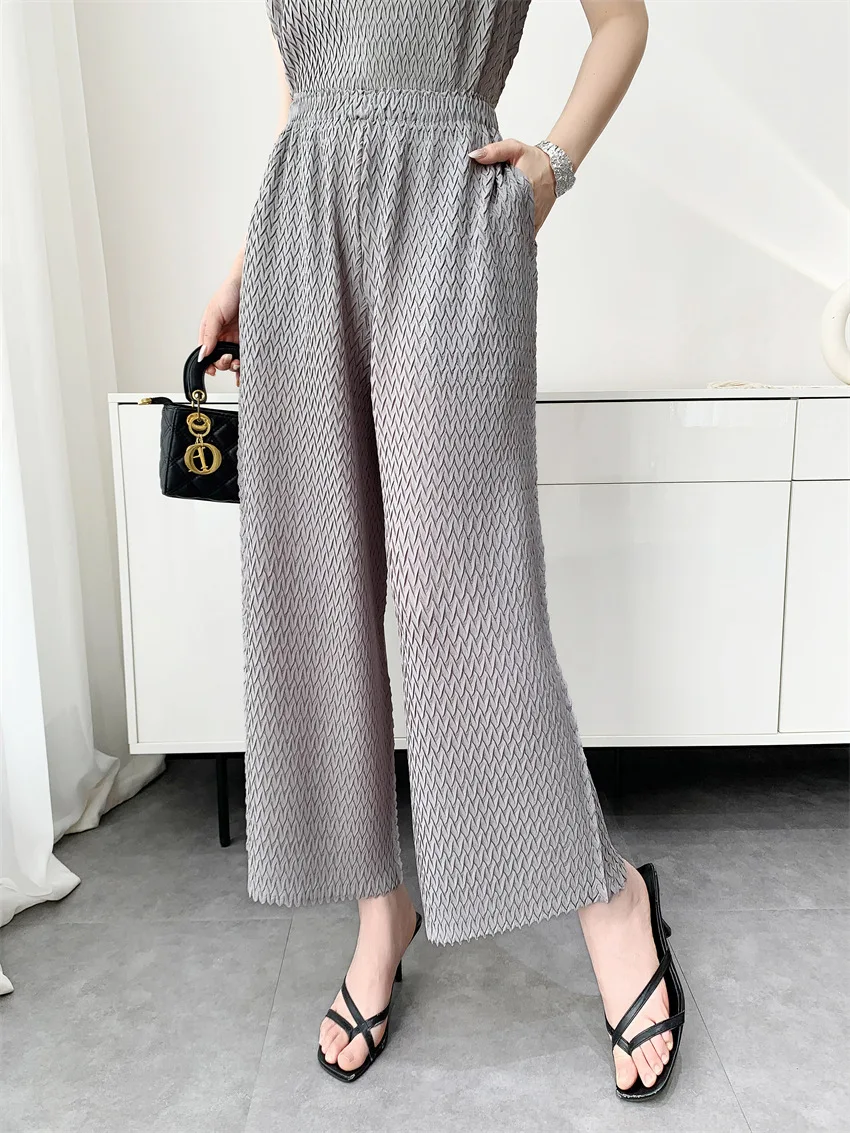 Miyake Handmade Pineapple Pleats Women's Casual Solid Color Loose Large Size Elastic Waist Wide Leg Pants