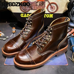 British Full Grain Genuine Leather Ankle Goodyear Welted Combat Short Boots Men Flat Lace Up Big Large Size 14 45 Wide Toe Shoes