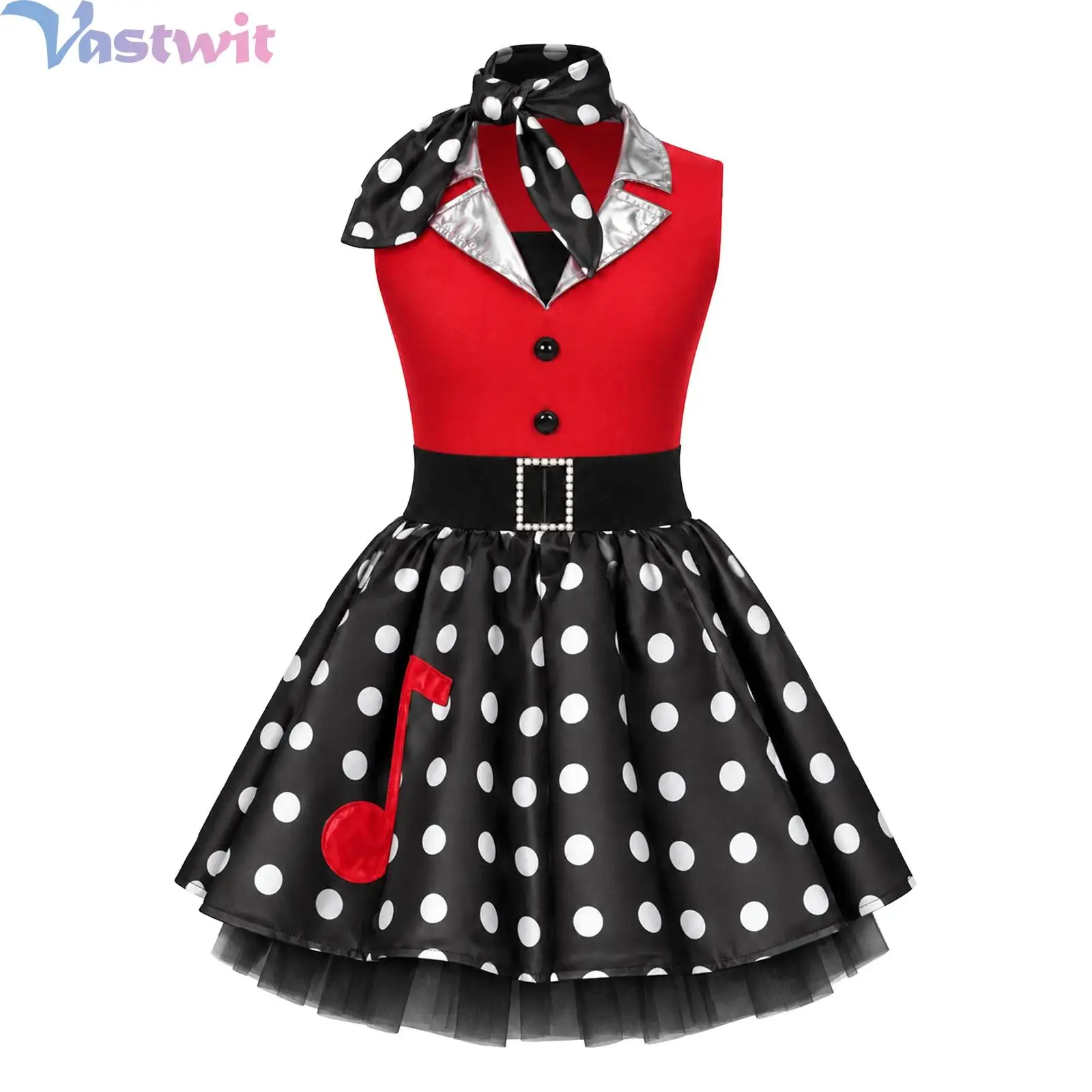 Kids Girls 50s Vintage Outfit Metallic Lapel Collar Dot Dress with Neck Scarf Retro Birthday Theme Party Halloween Costume
