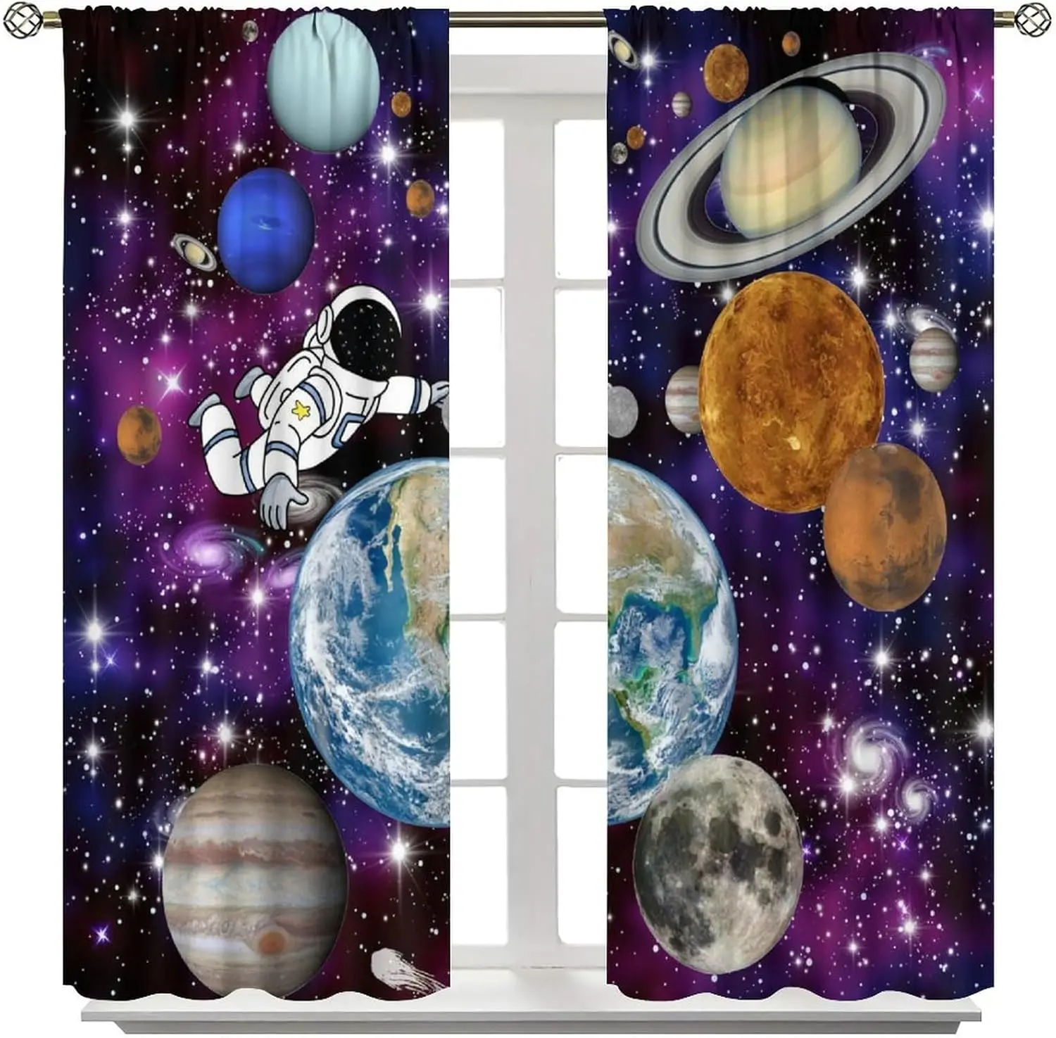 Cartoon Galaxy Astronaut Curtains, Solar System Outer Space Planet Print Rod Pocket Drapes for Boys Teens Bedroom Living Room