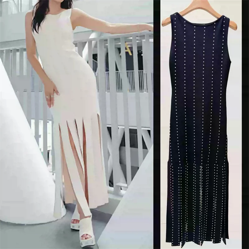 Bead Decoration Women Split Knit Dress 2 Colors Tassel Hem Ashion O-Neck Lady Sleeveless Knitwear Midi Robe