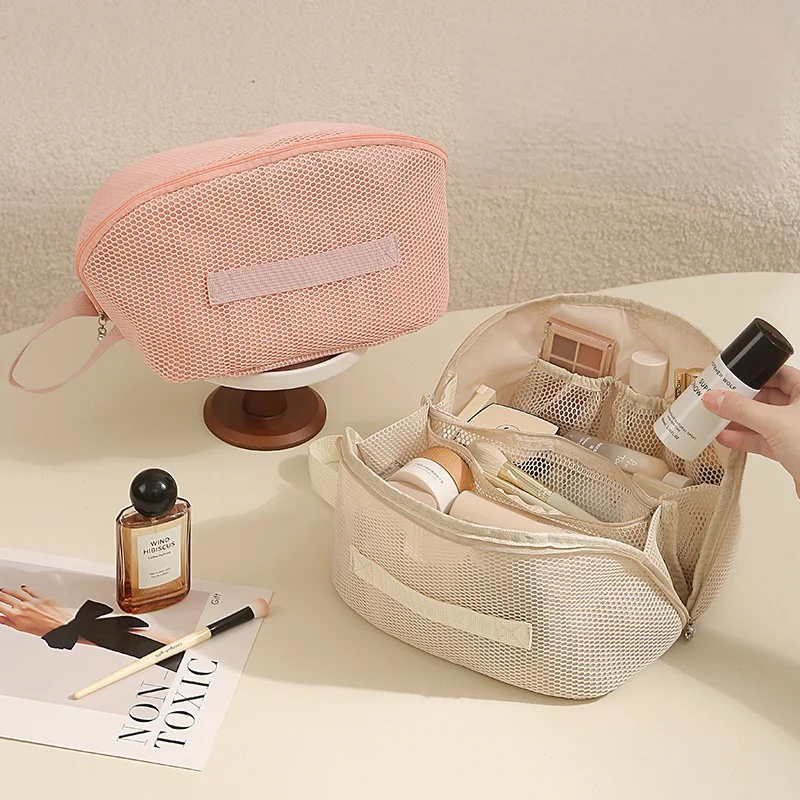 Breathable Mesh Travel Makeup Bag, Lightweight Toiletry Organizer with Compartments, Portable Cosmetic Storage Pouch for Vacatio