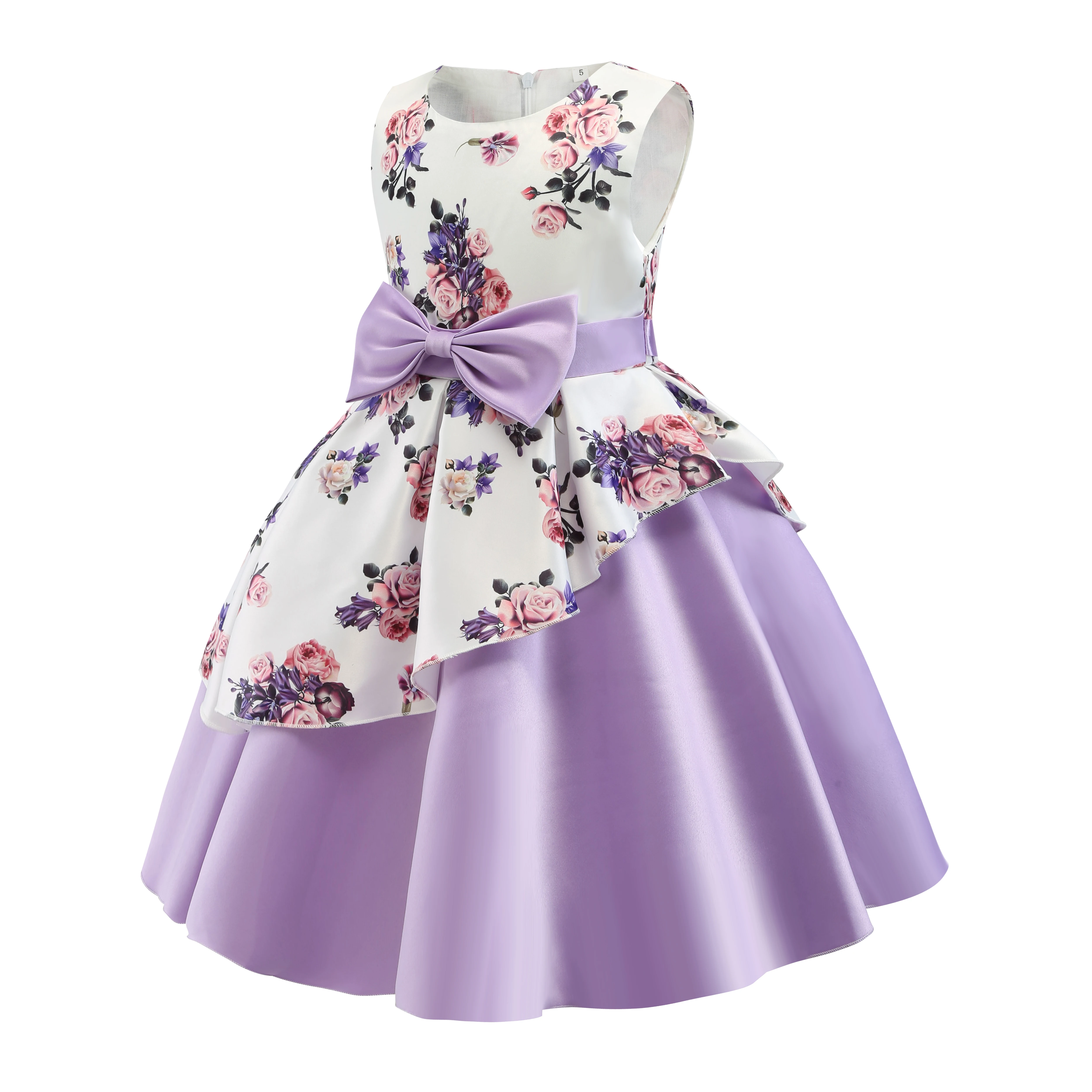 2025 Novo vestido para meninas – Vestido peplum com laço sem mangas – Vestido de princesa de renda – Vestido infantil para festa na dia nacional