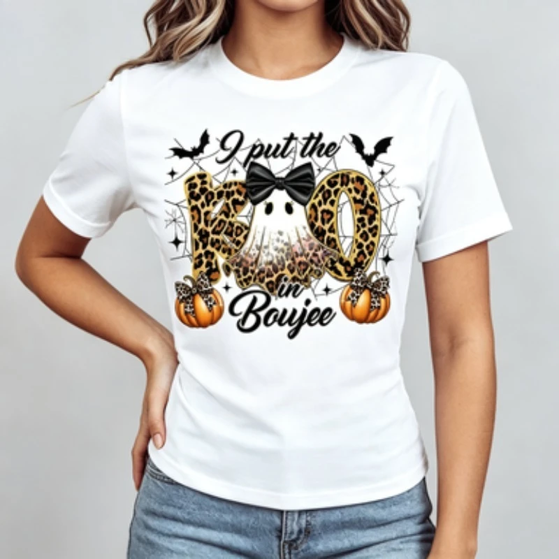 Womens 100% Cotton Slim Tshirt I Put The Boo In Boujee Graphic Tee Short Sleeve Crew Neck Halloween Pumpkin Bat Shirts