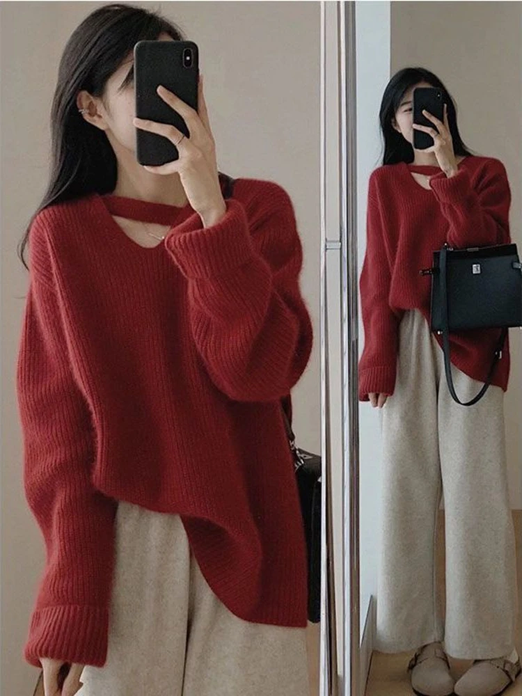 

Korean Sle Hollow Red V-Ne Knitted Sweater Women's New Design High-End Lazy Top Loose Fit Long Sve Winter Faion