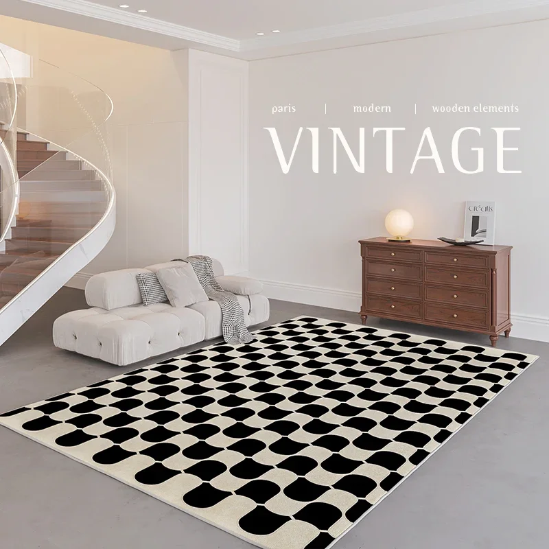 

French Retro Rugs for Bedroom Checkerboard Living Room Decoration Carpet Ins Wind Plaid Bedside Floor Mat