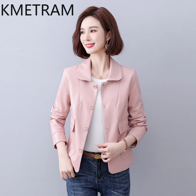 KMETRAM-Chaqueta de piel de oveja Natural para mujer, abrigo corto para motocicleta, talla grande, primavera y otoño