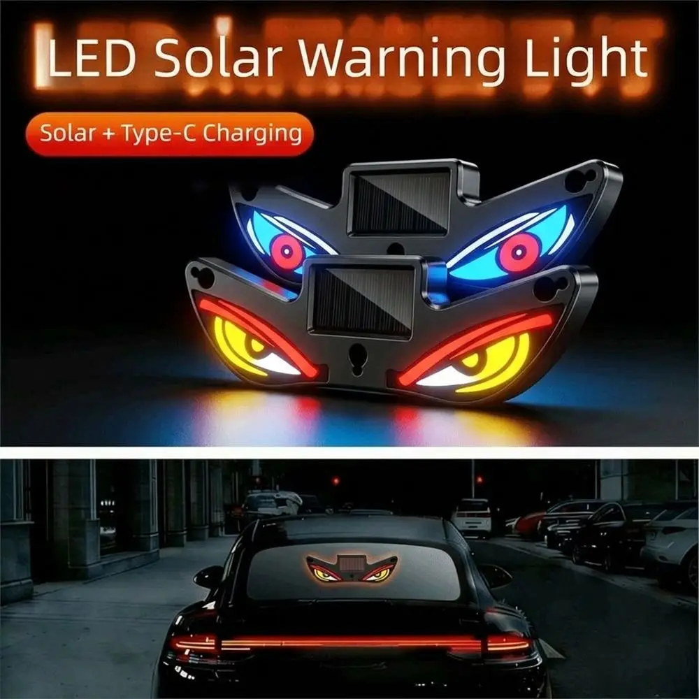 Wireless Solar Devil Eyes Car LED Warning Light Vibration Lights on Dynamic Display Car Warning Light Suction Cup Car Decor