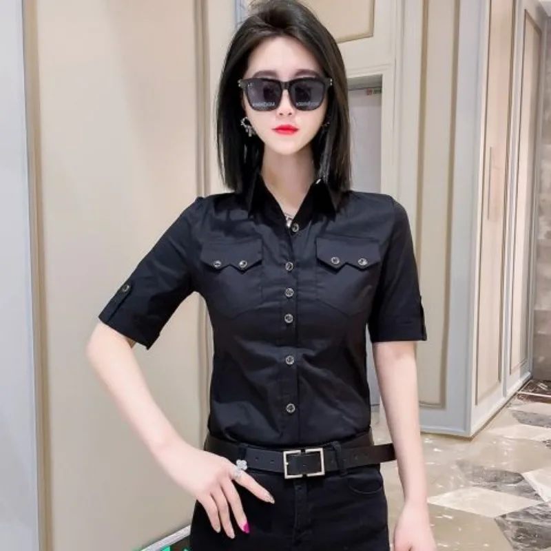 

Short Sleeve Shirt Women Design Tops Summer Women's Clothing Slim Blouses Office Ladies Shirts Single-breasted Pocket Chic Tops