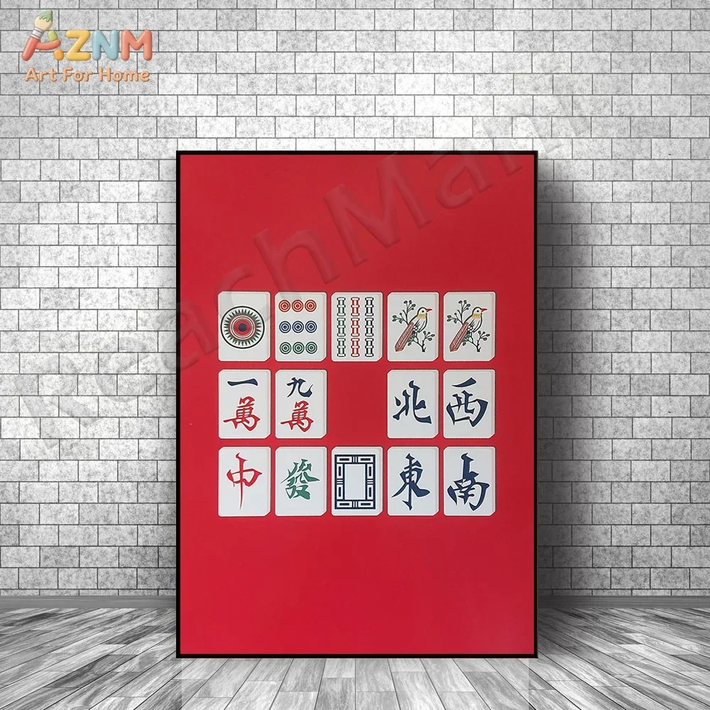 AZNM Red Chinese Mahjong Tile Canvas Wall Art Traditional Oriental Fortune Symbol Print Unframed Canvas Modern Game Room Home De