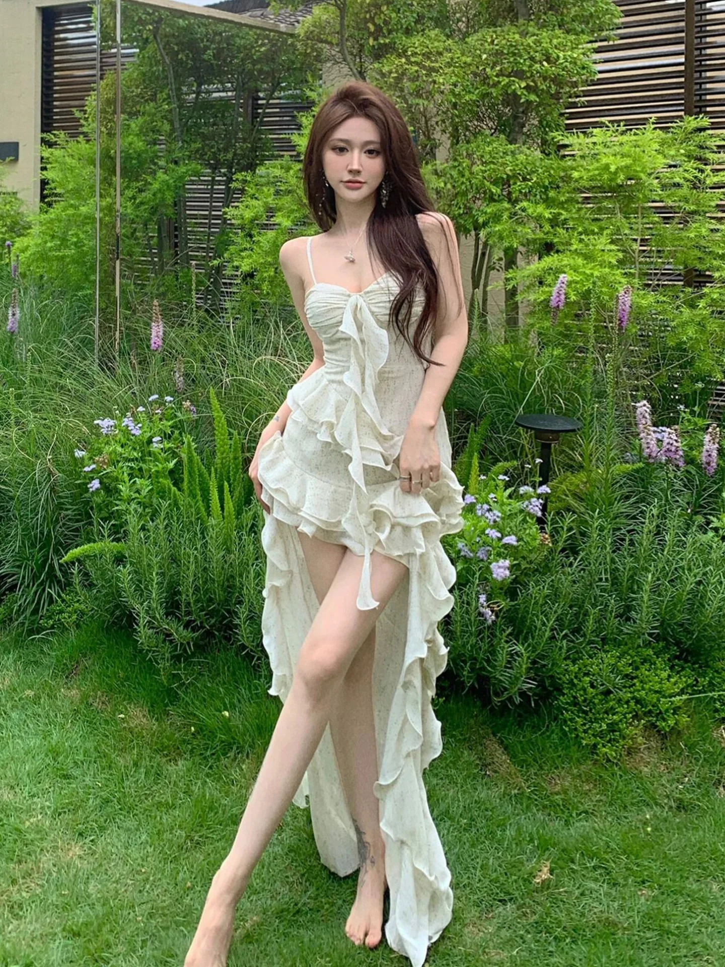 

2024 New American Sexy Camisole Dress Women Leisure Irregular Slim Waist Ruffles Dresses Summer Mid-length Loose Vestidos Mujer