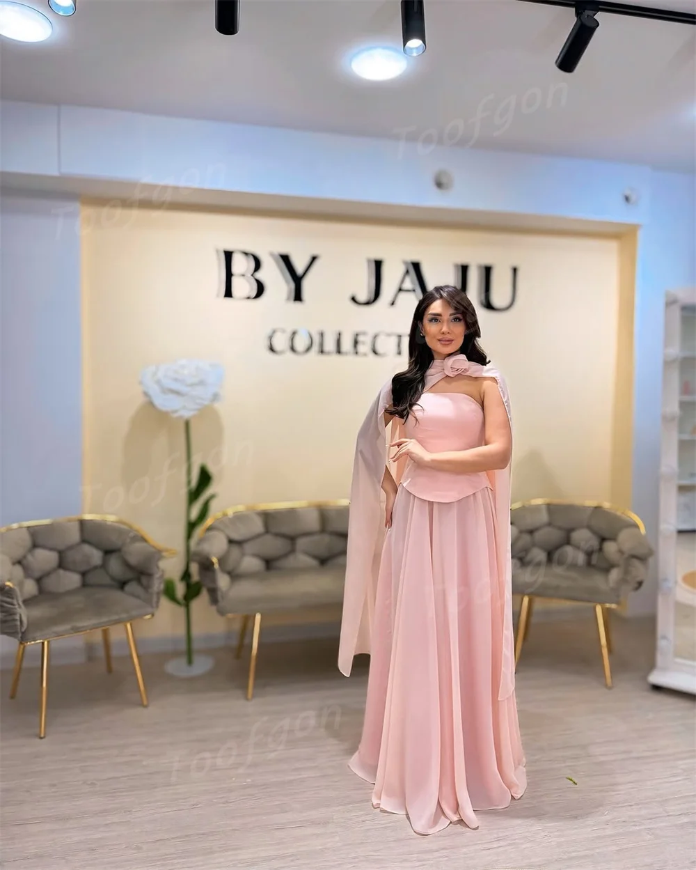 Toofgon Baby Pink Satin Chiffon Evening Dresses Customized Cape Tank A Line  Birthday Prom Dress Women Long Formal Party Gown