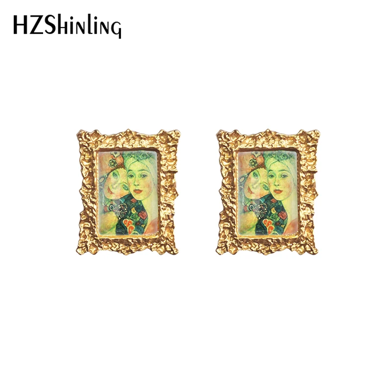 2022 New Gustav Klimt the Kiss Stud Earring Art Painting Square Earrings Retro Art Printed Glass Photo Jewelry