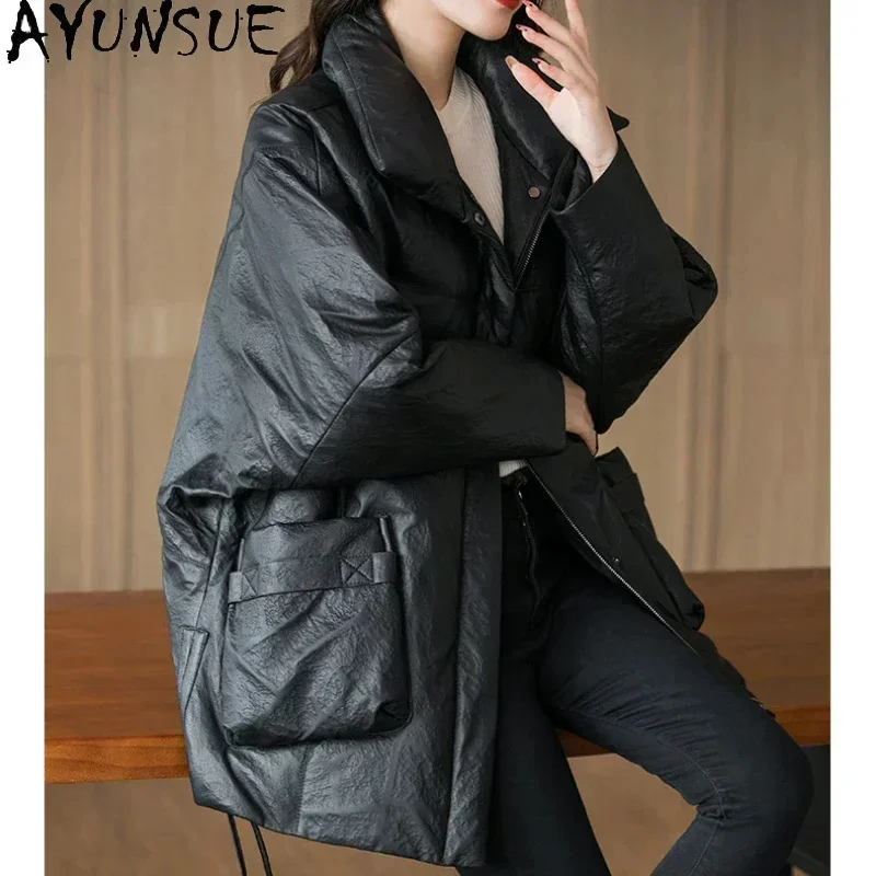 

Real AYUNSUE Leather Jacket Women Winter Genuine Sheepskin White Duck Down Coats Mid-length Coat Bat Sleeve Abrigos