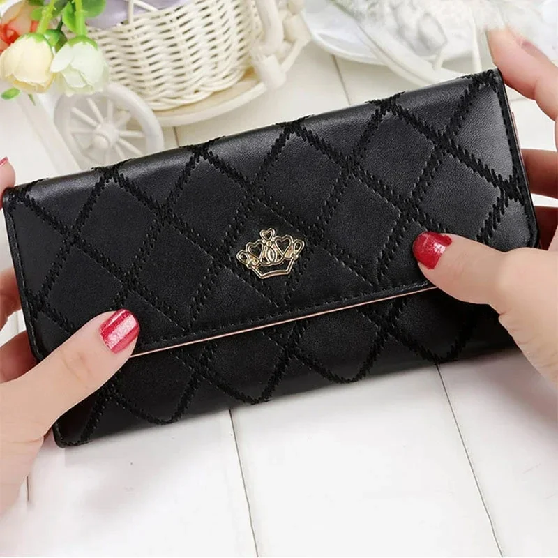 BOMO Long Wallet for Women Pure Colour Crown Casual Elegant Coin Purse Pu Leather Fold High Capacity Aesthetic Bag Pretty Wallet