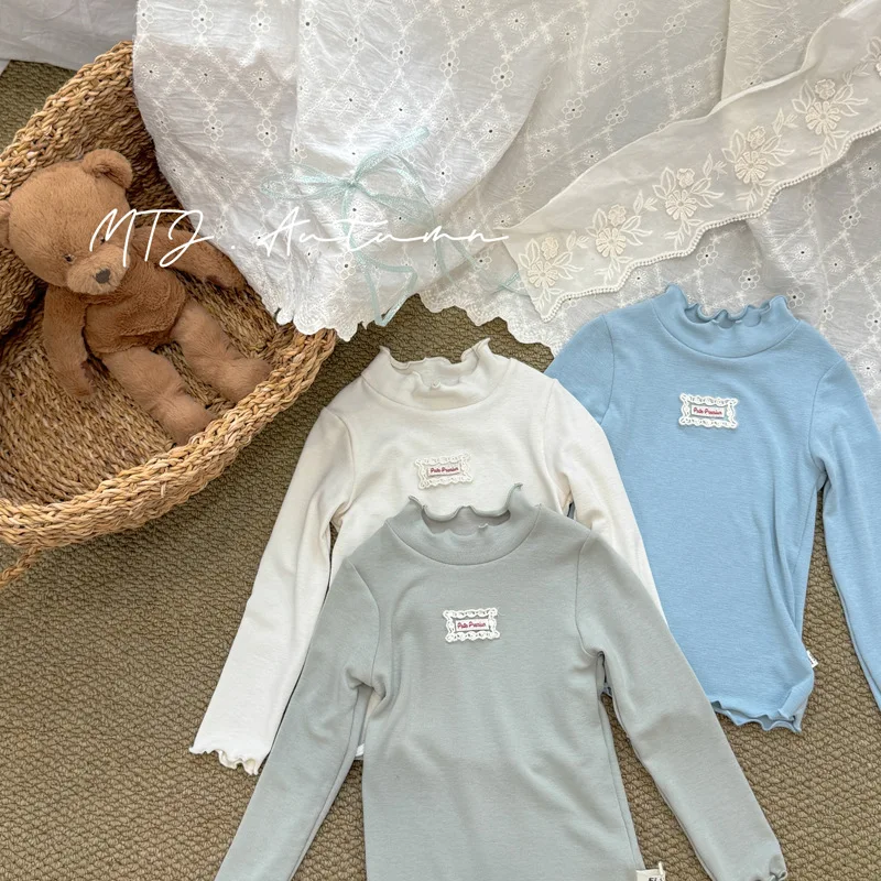 

2025 Autumn New Children Long Sleeve T Shirts Girls Cotton Comfortable Bottoming Shirts Baby Girl Lace Patch Tops Kids Clothes