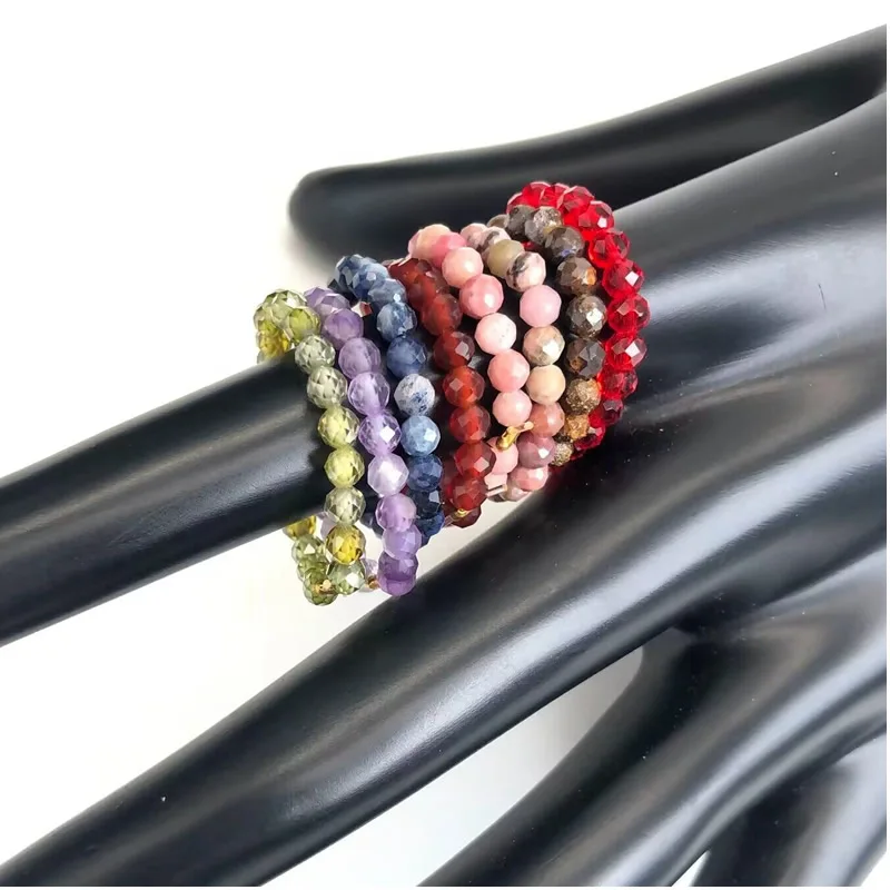 Natural Crystal agate cut bead Elastic Adjustable Ring Korean Cute Handmade Woven Rings for Women Girls Jewelry Joyeria Mujer