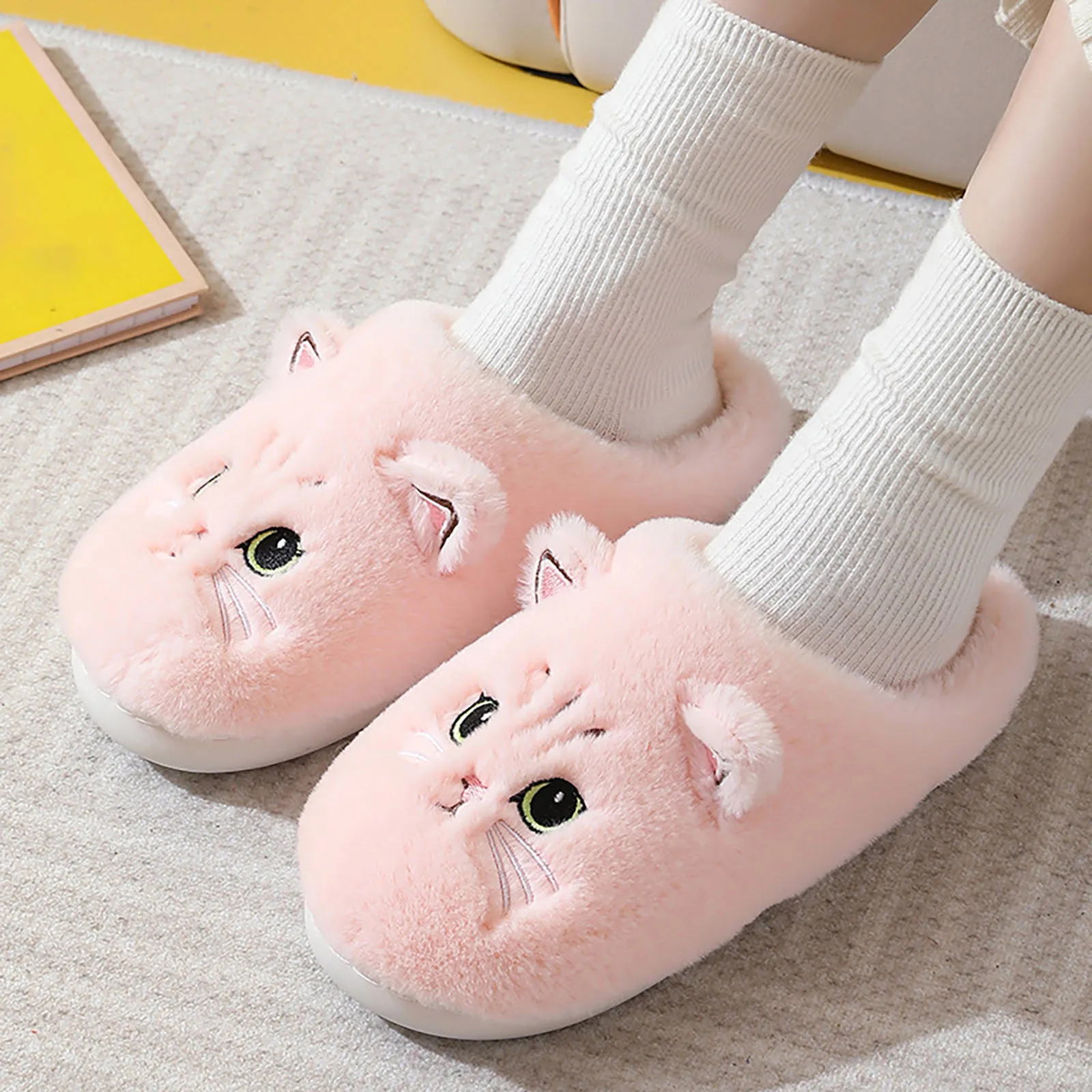 Cute Cat Slippers Fluffy Furry Women Home Platform Slippers Men Autumn Winter Plush Slides Indoor Fuzzy Slippers Cotton Shoes