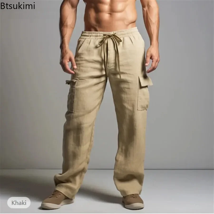 

2025 Men's Streetwear Cotton Linen Casual Trouser Loose Solid Cargo Pants for Men Vintage Lace-up Waist Drawstring Pants Bottoms