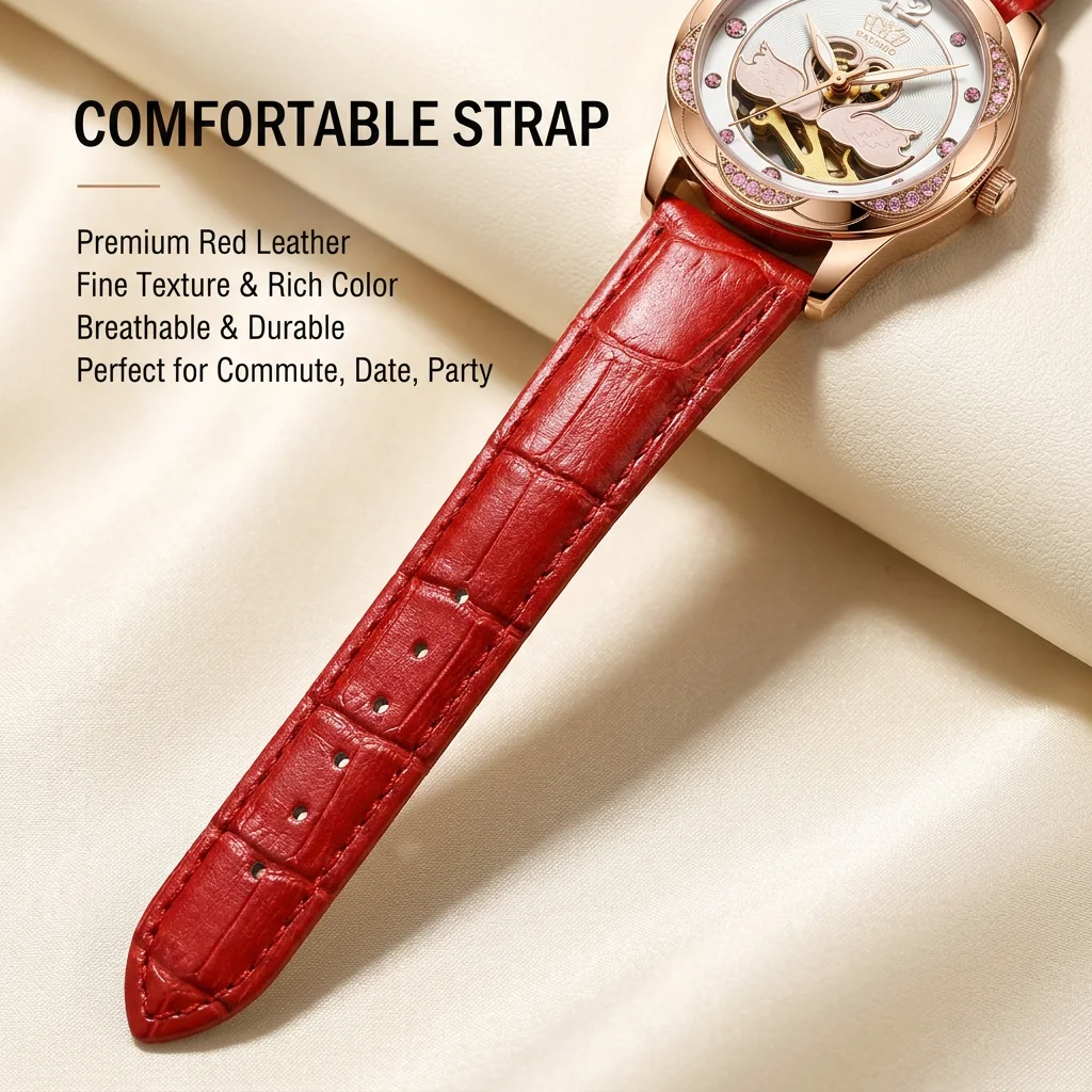1pcs Women's pink dial leather strap vintage fashion skeleton gear luxury details Mechanical Watch for business party holiday