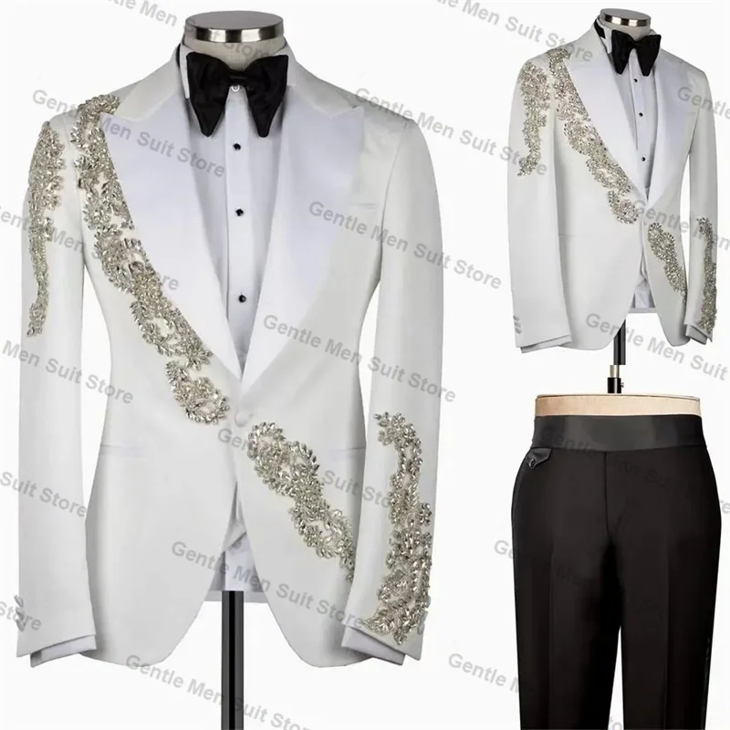 

White Crystals Men Suits Set 2 Piece Blazer+Black Cotton Pants Groom Wedding Tuxedo One Button Coat Custom Made Jacket Trousers