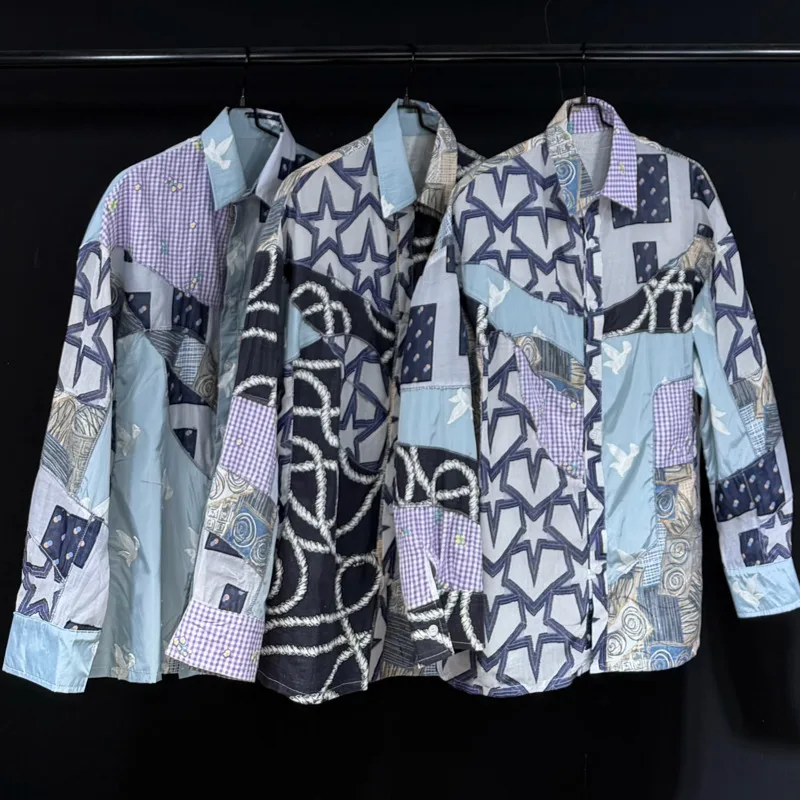 WVGA Spring Autumn New Man Original Design Retro Patchwork Printed Trendy Long Sleeve Shirt Niche Chic Casual Top Ins Y2K W21353