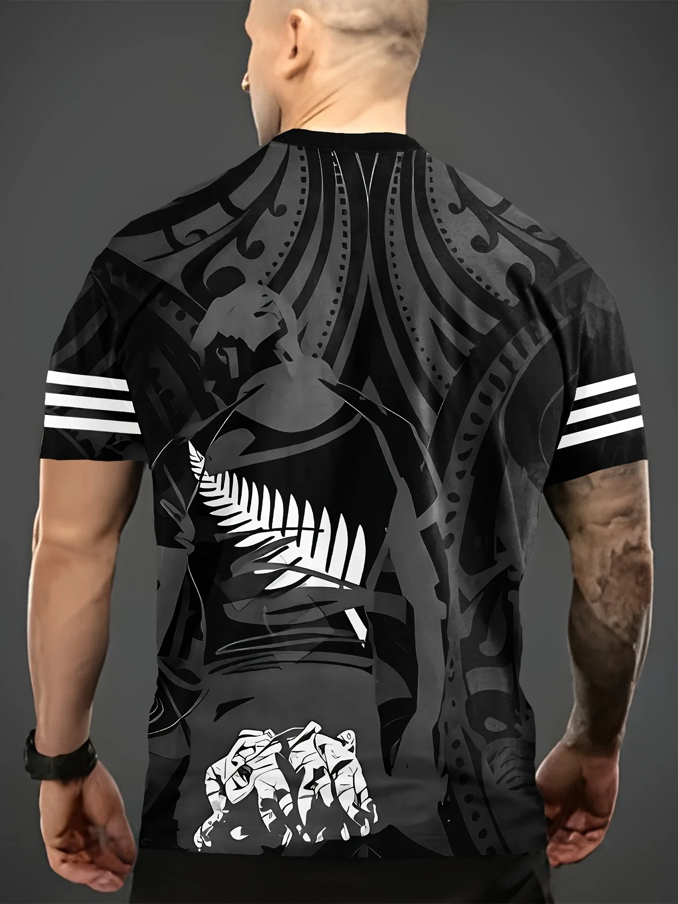 Men's New Zealand Maori Tribal T-Shirt Silver Fern Rugby Graphic Crew Neck Short Sleeve Patriotic Top view 2