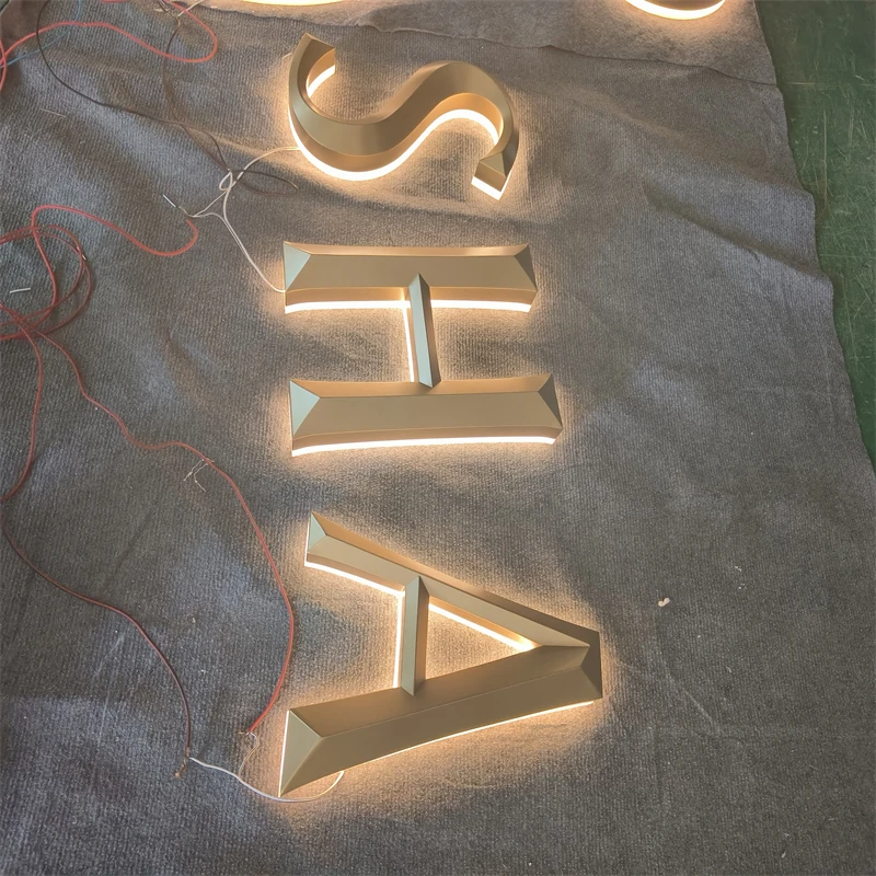 Insegne con lettere a canale in acciaio inossidabile illuminate con retroilluminazione 3D per uso esterno su misura per il nome del negozio, logo dei cartelli del negozio