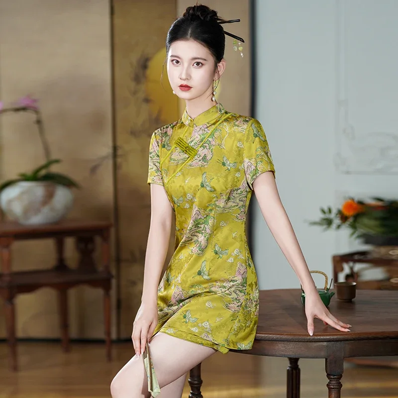 

Crane Print Shorts Outfit Cheongsam Modern Oriental 2 Piece Set Qipao Summer Luxury Sexy Clothing