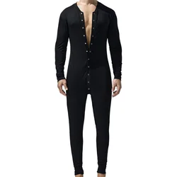 Pigiama Tute da uomo Button Home Wear Nero Blu Pagliaccetti comodi a maniche lunghe Pigiama casual attillato Intimo per adulti