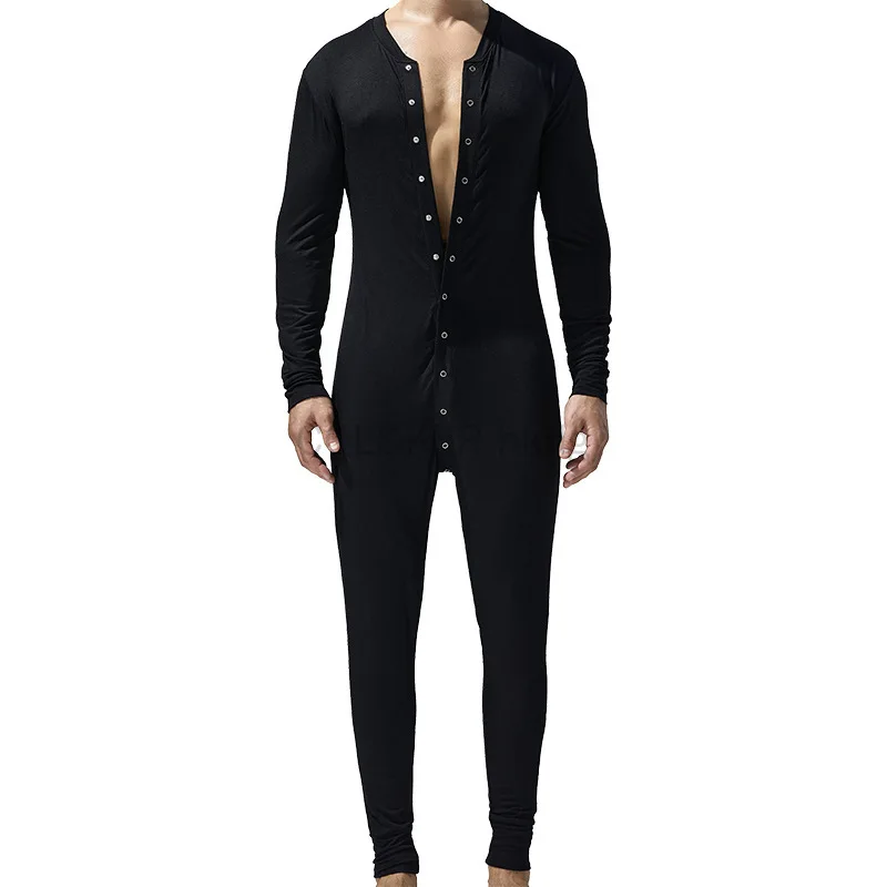 Pajamas Jumpsuits Men Button Home Wear Black Blue Long-sleeved Comfortable Rompers Tight-fitting Casual Pajamas Adult Underwear