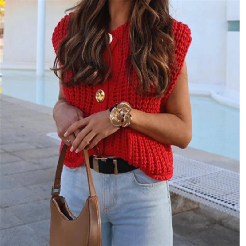 2025 Fall Clothes Korean Fashion Sweater Vests Women V Neck Blue Button-Up Front Pockets Sleeveless Cable Knit Cardigan Vest Red