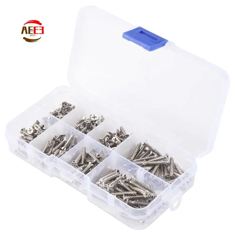 AEE3-200Pcs M3 Stainless Steel Flat Head Screws Kits High Strength Self-Tapping Screws Assortment Set For Wood Furniture