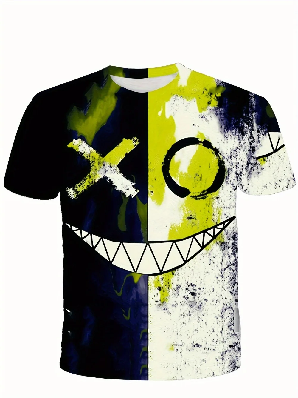 Creepy Split Smiley Graffiti 3D Printed Streetwear Loose Fit Tee Men's Breathable Comfortable Casual Sport Short‑Sleeve T‑Shirt