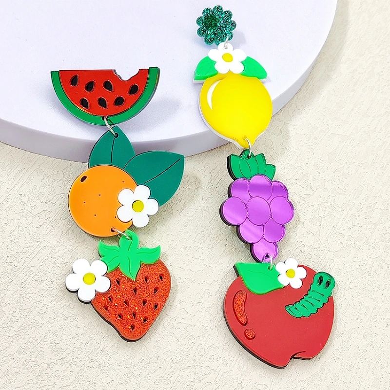 KUGUYS Large Long Fruits Dangling Earrings For Women Glitter Mirror Acrylic Hyperbole Jewellery Accessories