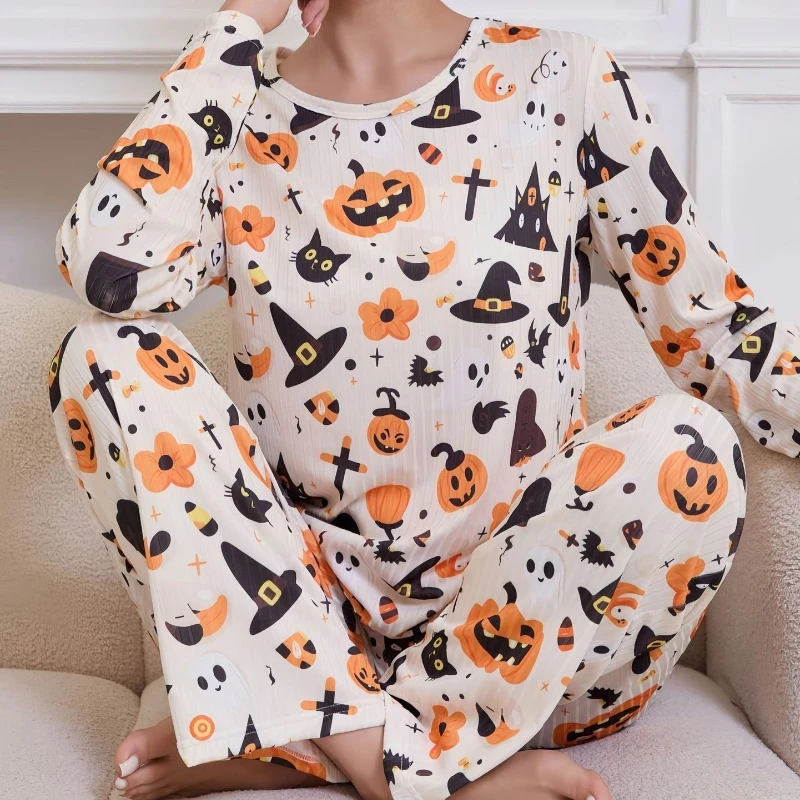 

Комплект из двух предметов: свободные и повседневные брюки с длинными рукавами и длинными брюками с тыквенным принтом можно носить на улице.