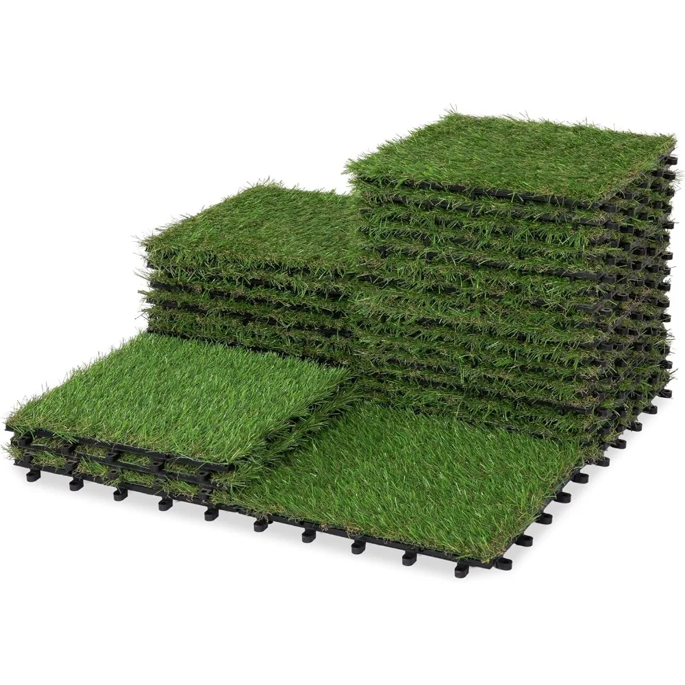 

Artificial Grass Tiles - Interlocking Turf Squares Deck with Drainage Holes - Fake Grass Tiles for Garden Lawn Balcony Dec