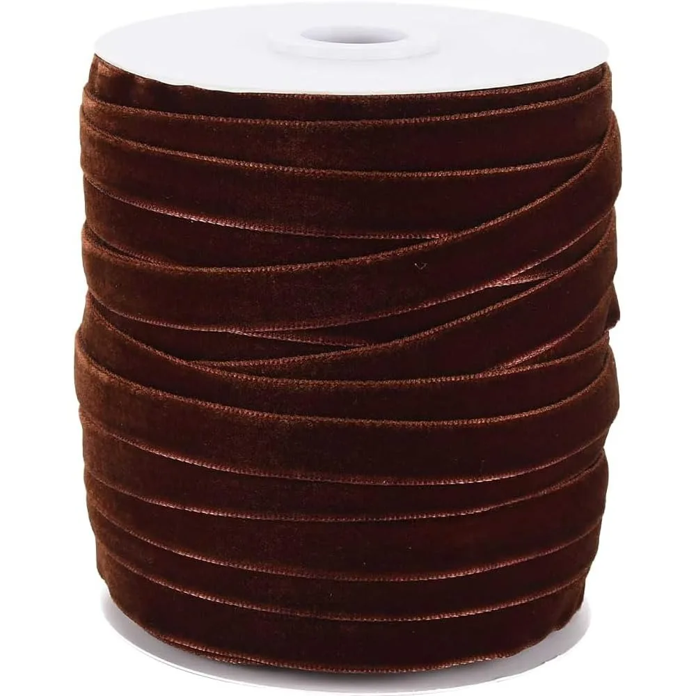 

50 Yards 3/8 Inch Coconut Brown Thin Velvet Ribbon Vintage Soft Single Faced Velvet Fabric Rolls Narrow Ribbons with Spool