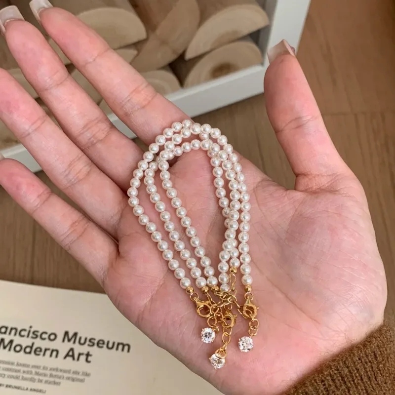 Bubble Pearl 4mm End Versatile Stackable Minimalist Design Single Diamond Tail Pendant Light Luxury Faux Jewelry Gift for Women