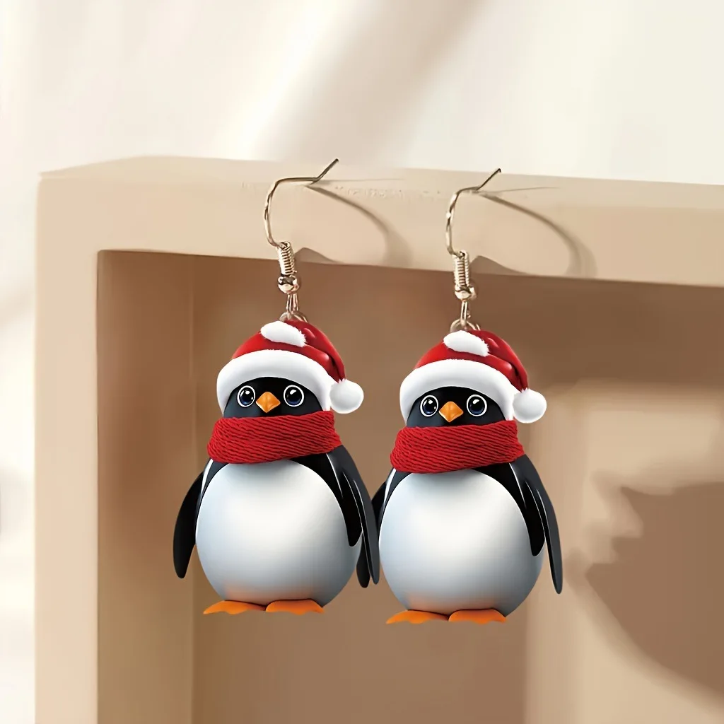 Trendy Christmas Penguin Drop Stud Earrings for Women Delicate Zircon Xmas Tree Deer Santa Piercing Party Friends Jewelry Gifts