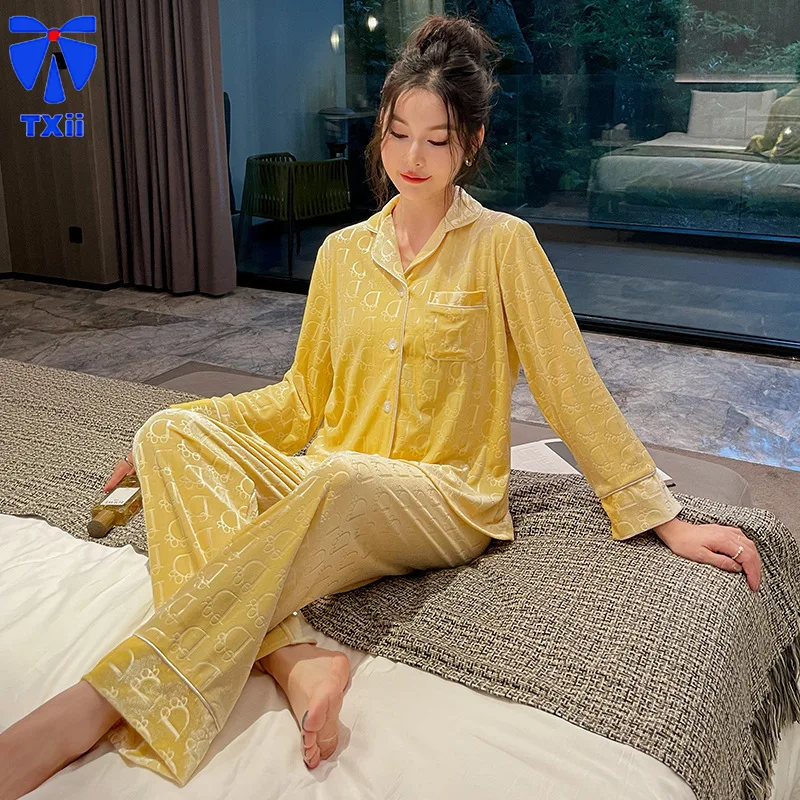 

Autumn Thin Velvet Pajamas Women's New High-end Sense Solid Color Light Luxury Long-sleeved Trousers Home Clothes suit