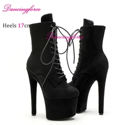 Sexy 17cm 7Inches Suede Ankle Boots Pole Dance Shoes Women Exotic Stripper High Heels Platform Round Head Lace-up Boots