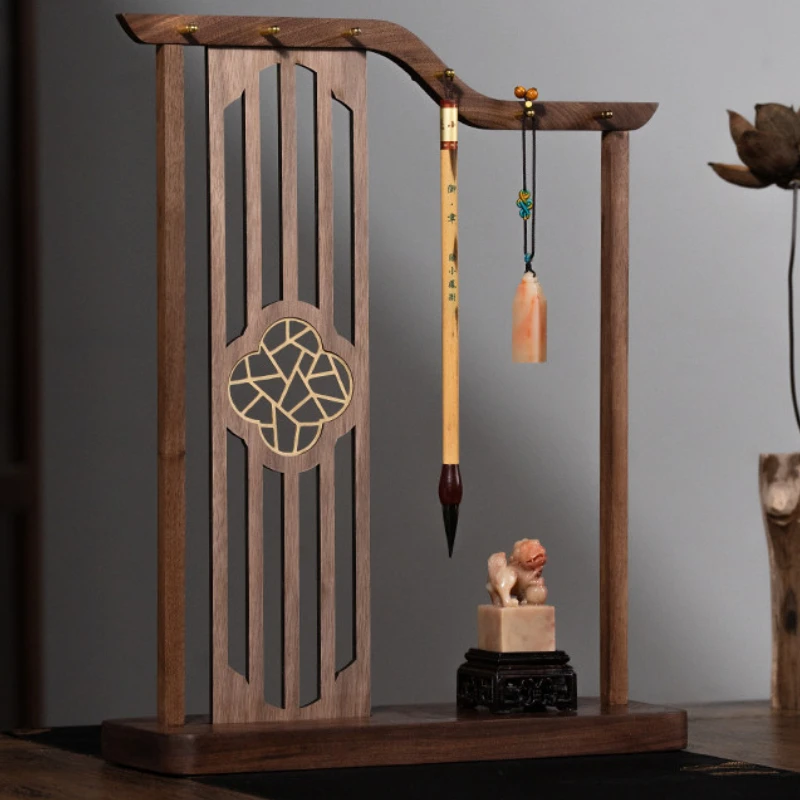 Screen Brush Hanger Walnut Solid Wood Calligraphy Brush Rack Penholder Brush Display Ornament Chinese Calligraphy Art Supplies
