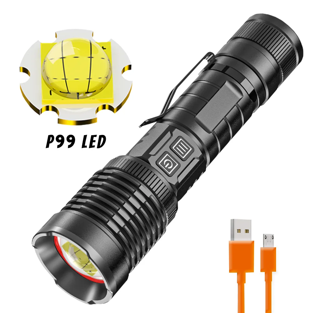 Strong Lighting Flashlight XHP99 Zoom Long-range Flashlight Power Button Dual on/off with Pen Clip