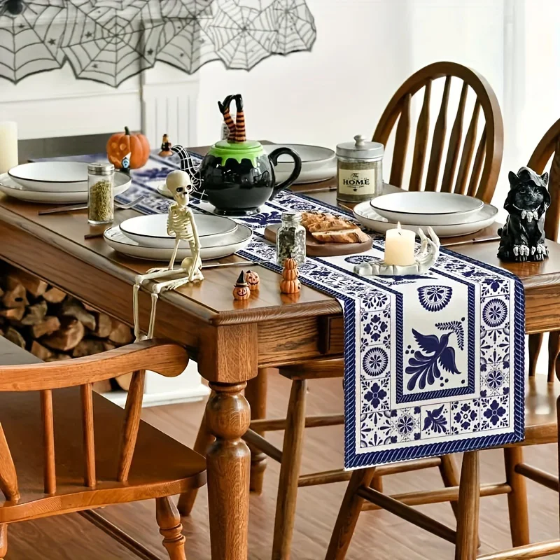 Mexican Day of The Dead Linen Table Runners Mexico Dia De Los Muertos Sugar Skull Table Runner for Home Party Dining Table Decor