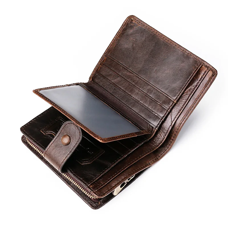 Cowhide Leather Men's Wallet  with Zipper Coin Pocket Multiple Card Slots RFID Clasp Casual Retro Wallet for Men Designer