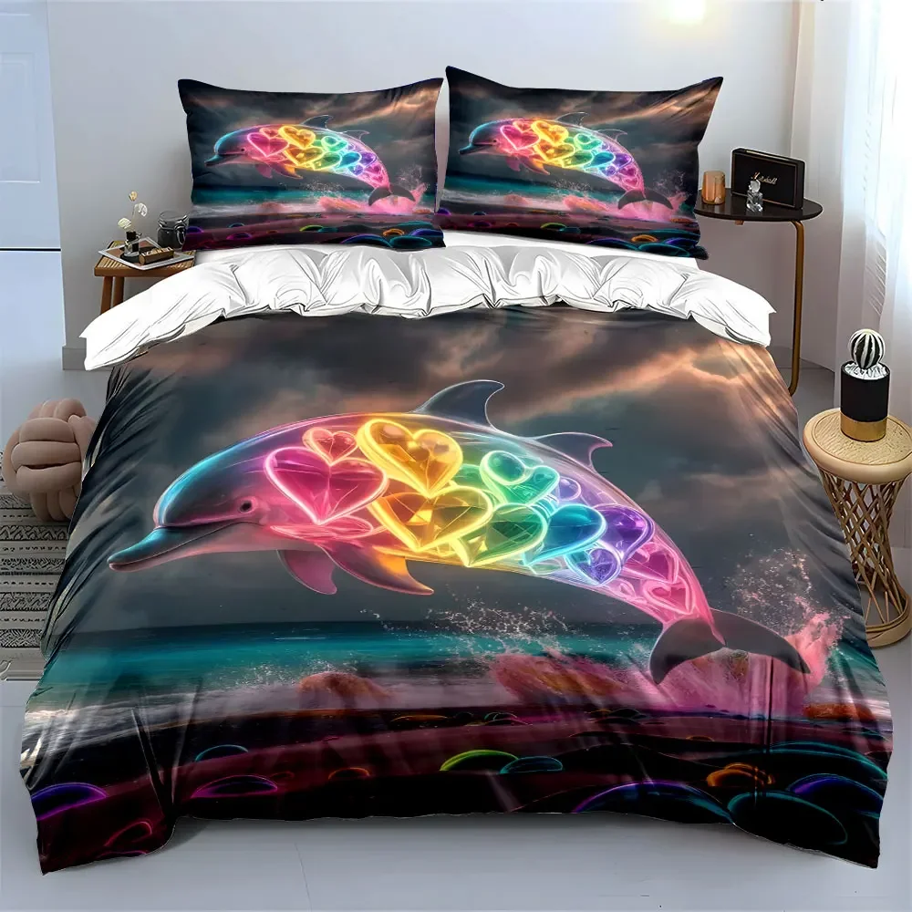 Colorful Dolphin Decor Set Bedding Set with 1 Duvet Cover 2 Pillowcases Single Double King Queen, Gift