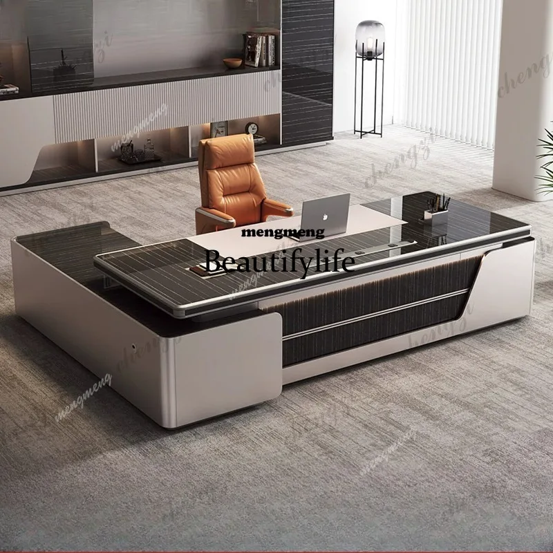 03 Boss desk, large desk, simple light luxury office president, high-end paint combination, general manager, office desk and cha