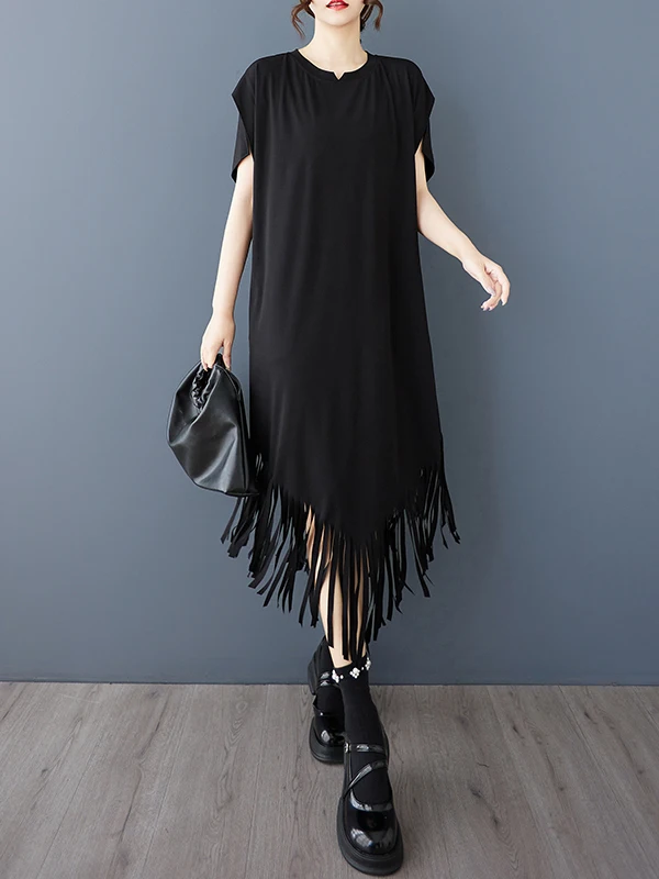 Tannt femmes robe asymétrie gland Patchwork noir t-shirt robes pour femmes irrégulière ample décontracté longues robes d'été 2025