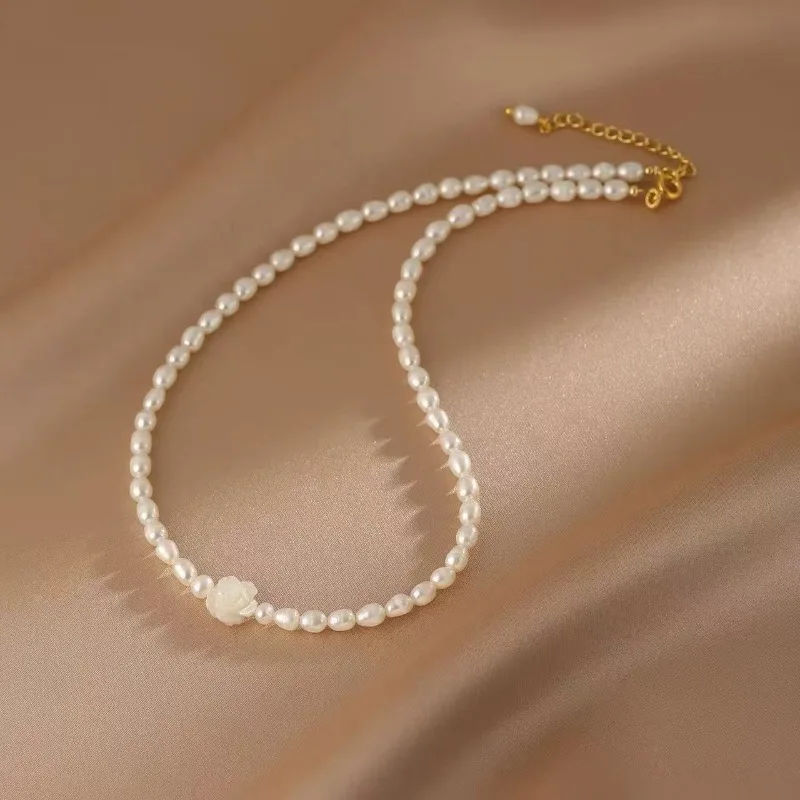 Minar Elegant Rice Freshwater Pearl White Fritillary Camellia Flower Pendant Necklaces for Women 14K Real Gold Copper Chokers